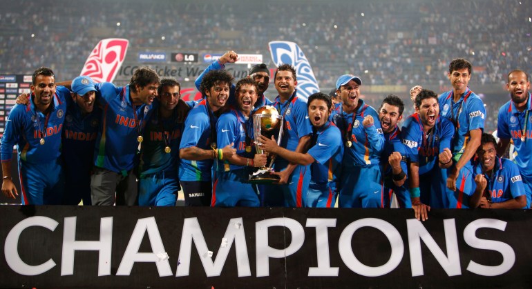 Indian cricketers celebrate their win