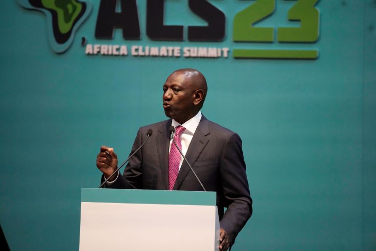 Kenyan President William Ruto, addresses delegates during the official opening of the Africa Climate Summit at the Kenyatta International Convention Centre in Nairobi, Kenya, Monday, Sept. 4, 2023