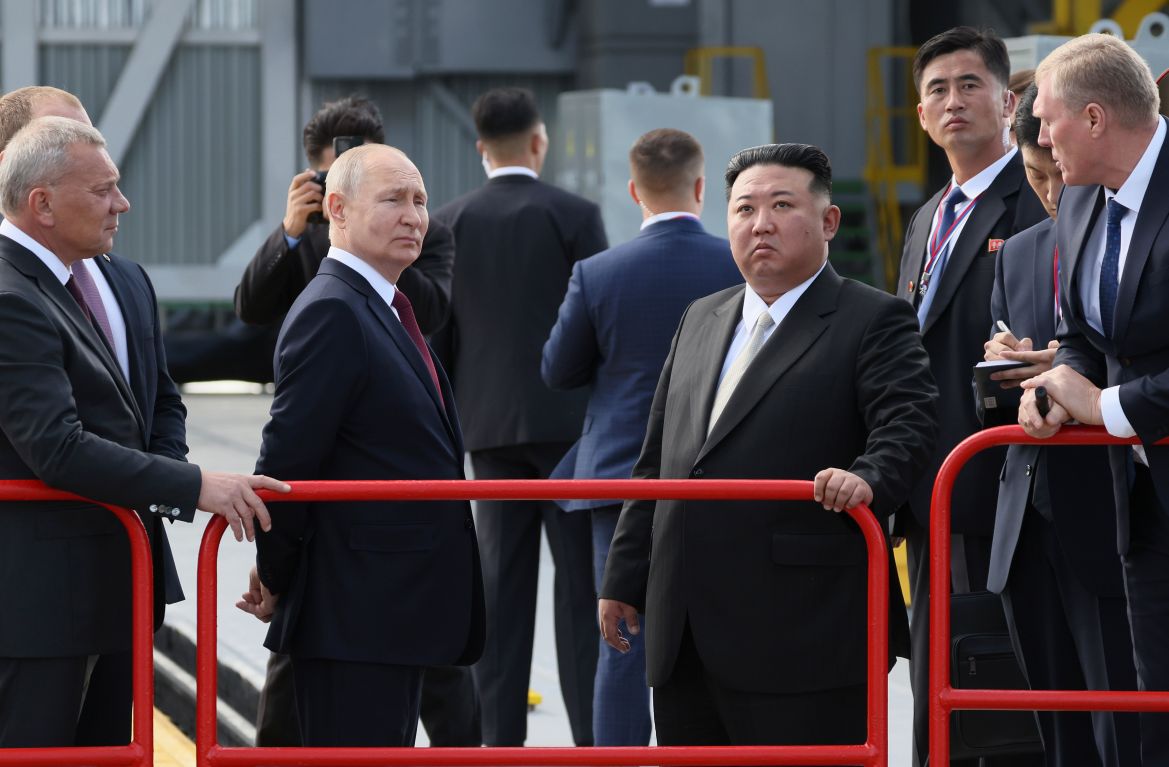 Russian President Vladimir Putin and North Korea's leader Kim Jong Un examine a launch pad during their meeting at the Vostochny cosmodrome outside the city of Tsiolkovsky
