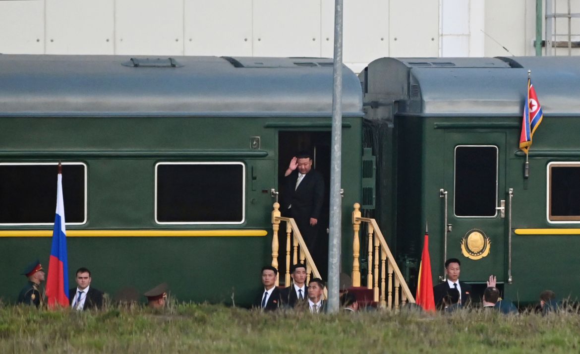 North Korean leader Kim Jong Un waves from a private train as he departs Pyongyang, North Korea, to visit Russia. [KCNA via Reuters]