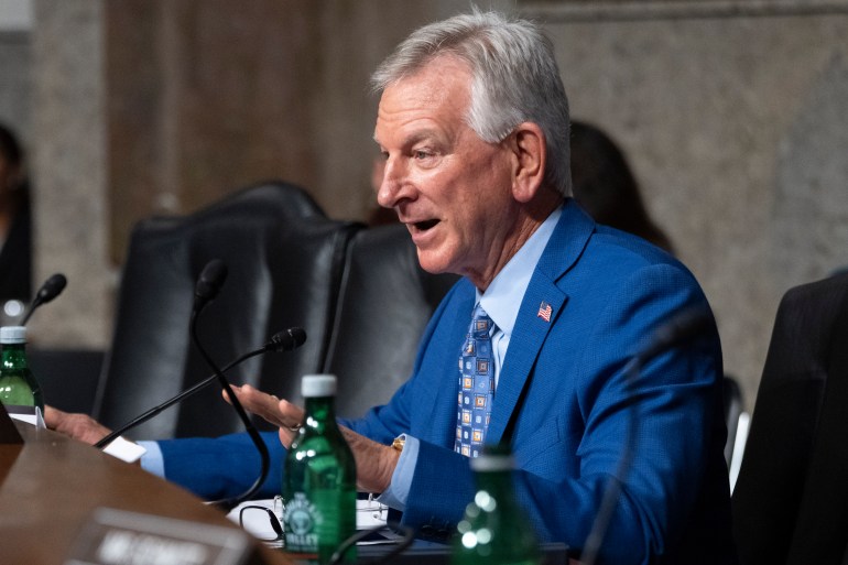 Sen. Tommy Tuberville, R-Ala., questions Navy Adm. Lisa Franchetti during a Senate Armed Services Committee hearing on her nomination for reappointment to the grade of admiral and to be Chief of Naval Operations, Thursday, Sept. 14, 2023, on Capitol Hill in Washington.