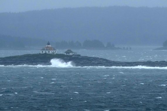 Waves crash on Egg Rock off the coast of Acadia National Park during severe weather Saturday, Sept. 16, 2023, near Bar Harbor, Maine.