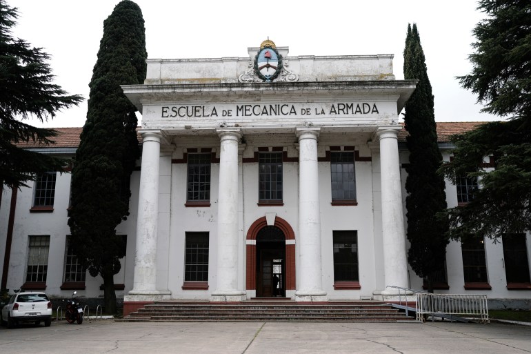 ESMA, a white columned building, stands empty in Buenos Aires.
