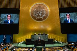 China's Vice President Han Zheng addresses the 68th UNGA in New York, He is standing at the podium in front of a golden war with the UN seal