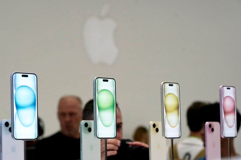 The iPhone 15 phones are shown during an announcement of new products on the Apple campus in Cupertino, California, US