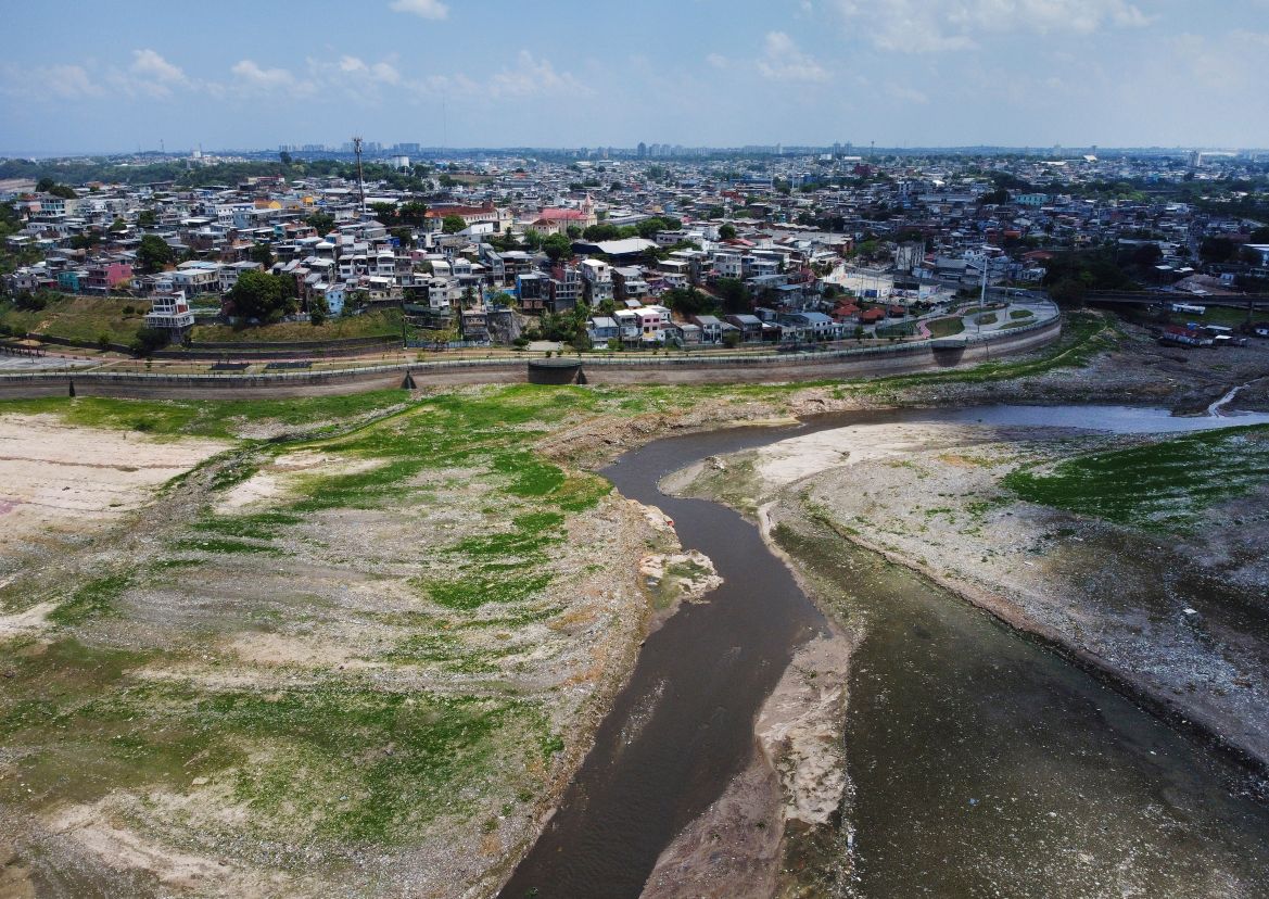 View of the much-diminished Negro river shore amid an ongoing drought in Manaus, Brazil