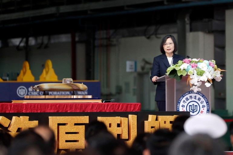 Tsai Ing-wen gives a speech at the ceremony to launch the submarine.