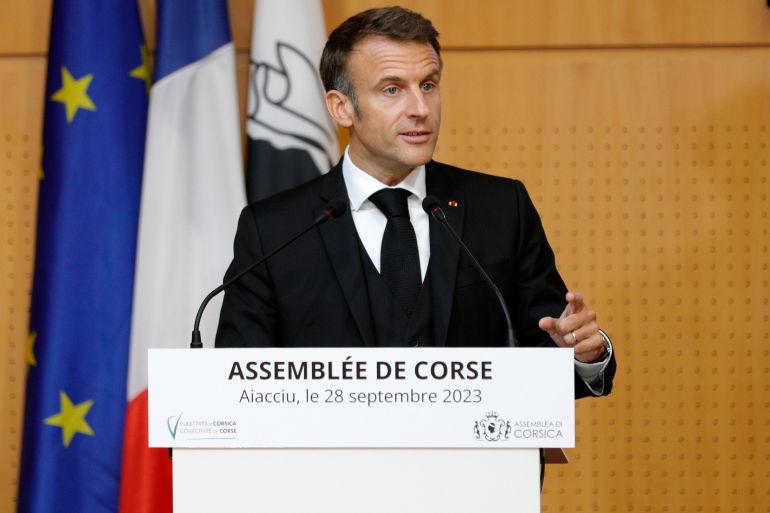 French President Emmanuel Macron addresses the Corsican Assembly in Ajaccio