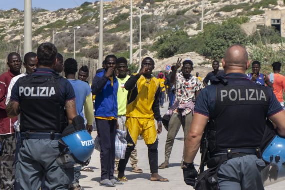 Migrants and refugees on the Sicilian island of Lampedusa, Italy
