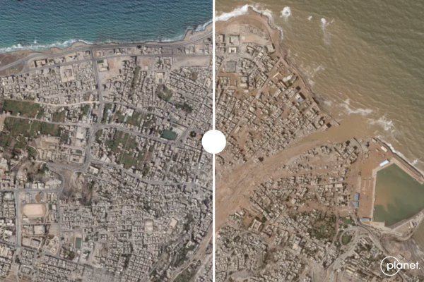 Картографиране на катастрофалните щети от наводненията в Либия в Дерна след бурята Даниел