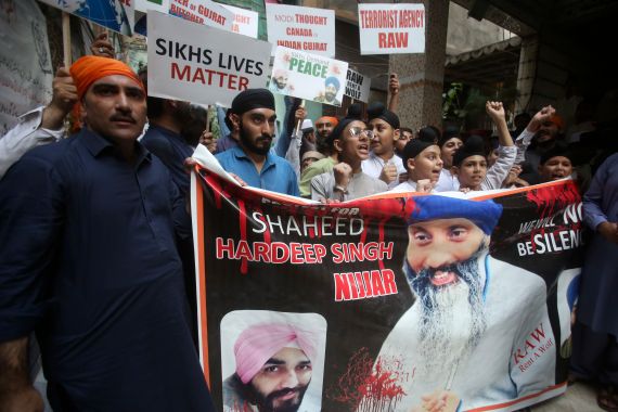Members of the Sikh community hold a protest against the killing of Hardeep Singh Nijjar in Peshawar, Pakistan