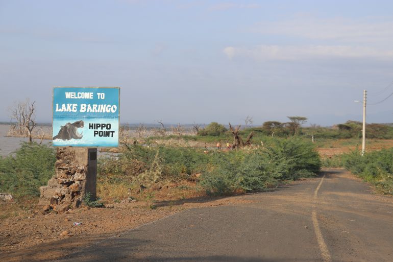 The road that used to lead to the hippopotamus point before it was submerged in Lake Baringo, Kenya