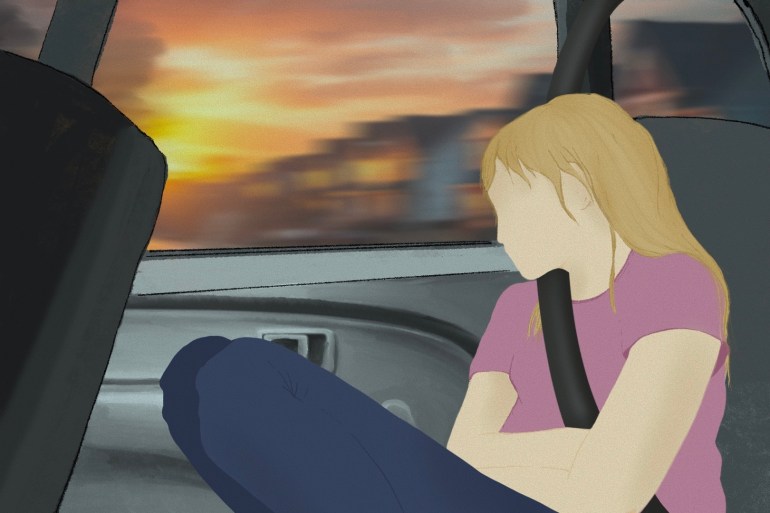 An illustration of a girl in a car