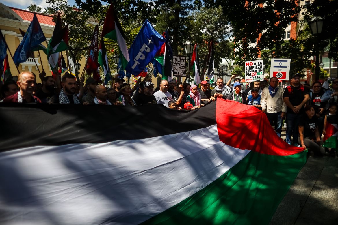 epaselect epa10915464 People with Palestinian flags demonstrate in support of the Palestinian people, in Caracas, Venezuela
