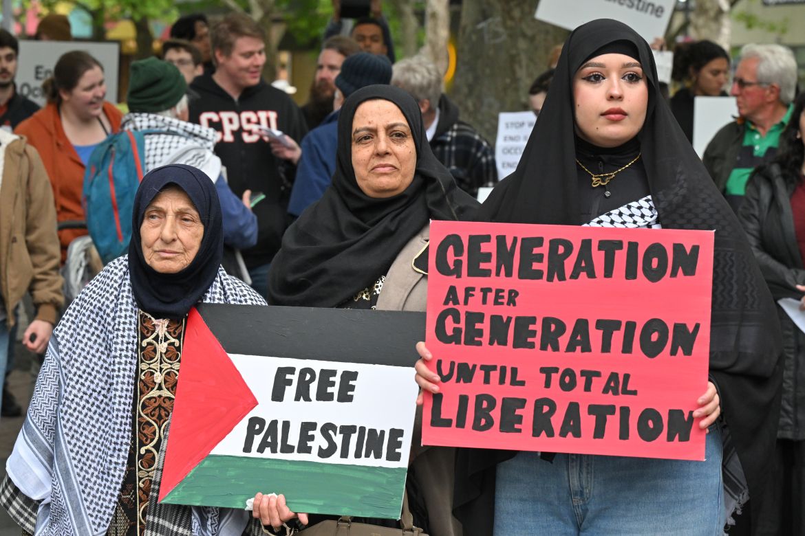 Palestinian supporters take part in a rally against the Israeli-Palestinian conflict in Canberra,