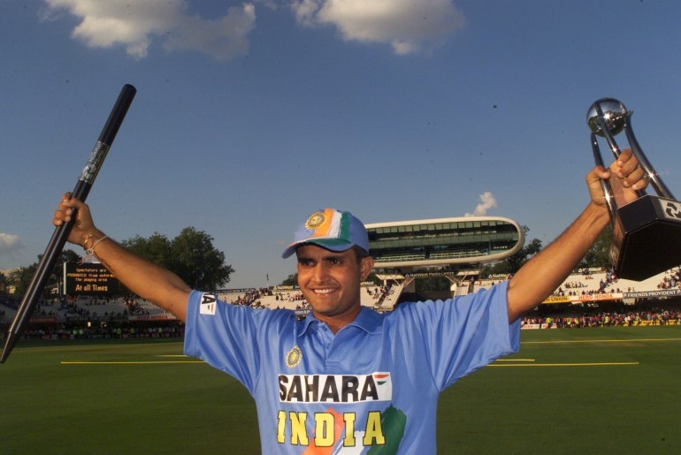 India's Sourav Ganguly celebrates with the Natwest Trophy