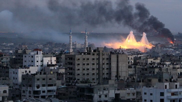 White phosphorus bombs explode over Gaza city during Israel's three week offensive, January 8, 2009
