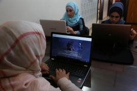 Women use social media to support Palestinian protests at the Israel-Gaza border, in Gaza City April 14, 2018. Picture taken April 14, 2018