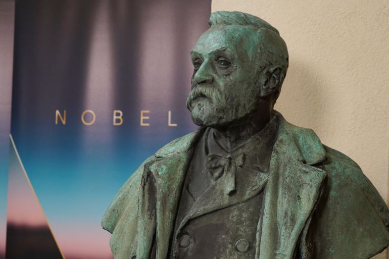 A general view shows a bust of Alfred Nobel in the Nobel Forum ahead of the announcement of the Nobel Prize for Physiology or Medicine for 2023, in Stockholm, Sweden.
