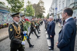 EU ministers paid their respects at the Memory Wall of Fallen Defenders of Ukraine [Press service of the Ministry of Foreign Affairs of Ukraine via Reuters]
