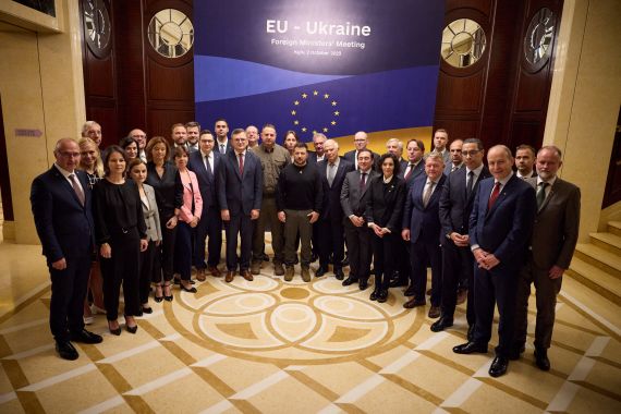 Ukraine's President Volodymyr Zelenskyy and EU foreign ministers