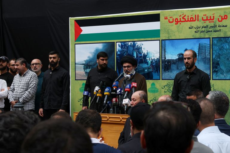 Hezbollah senior official Sayyed Hashem Safieddine speaks as supporters of Lebanon's Hezbollah attends a rally to express solidarity with the Palestinians