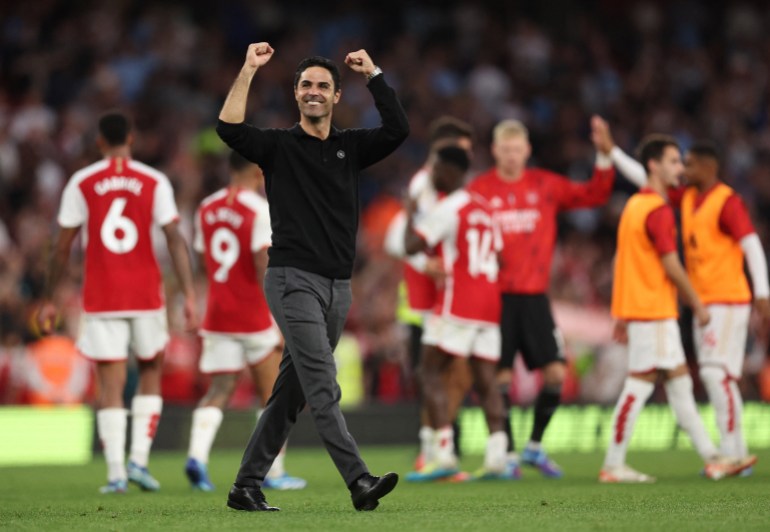 Arsenal manager Mikel Arteta celebrates after the match
