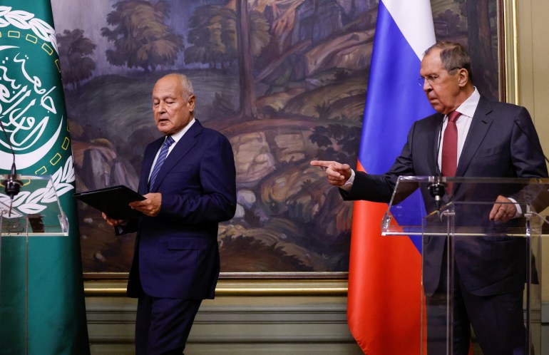 Russian Foreign Minister Sergei Lavrov and Arab League Secretary-General Ahmed Aboul Gheit attend a news conference