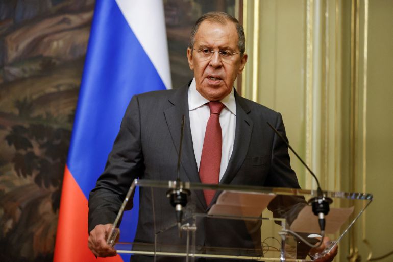 Russian Foreign Minister Sergei Lavrov speaks during a news conference