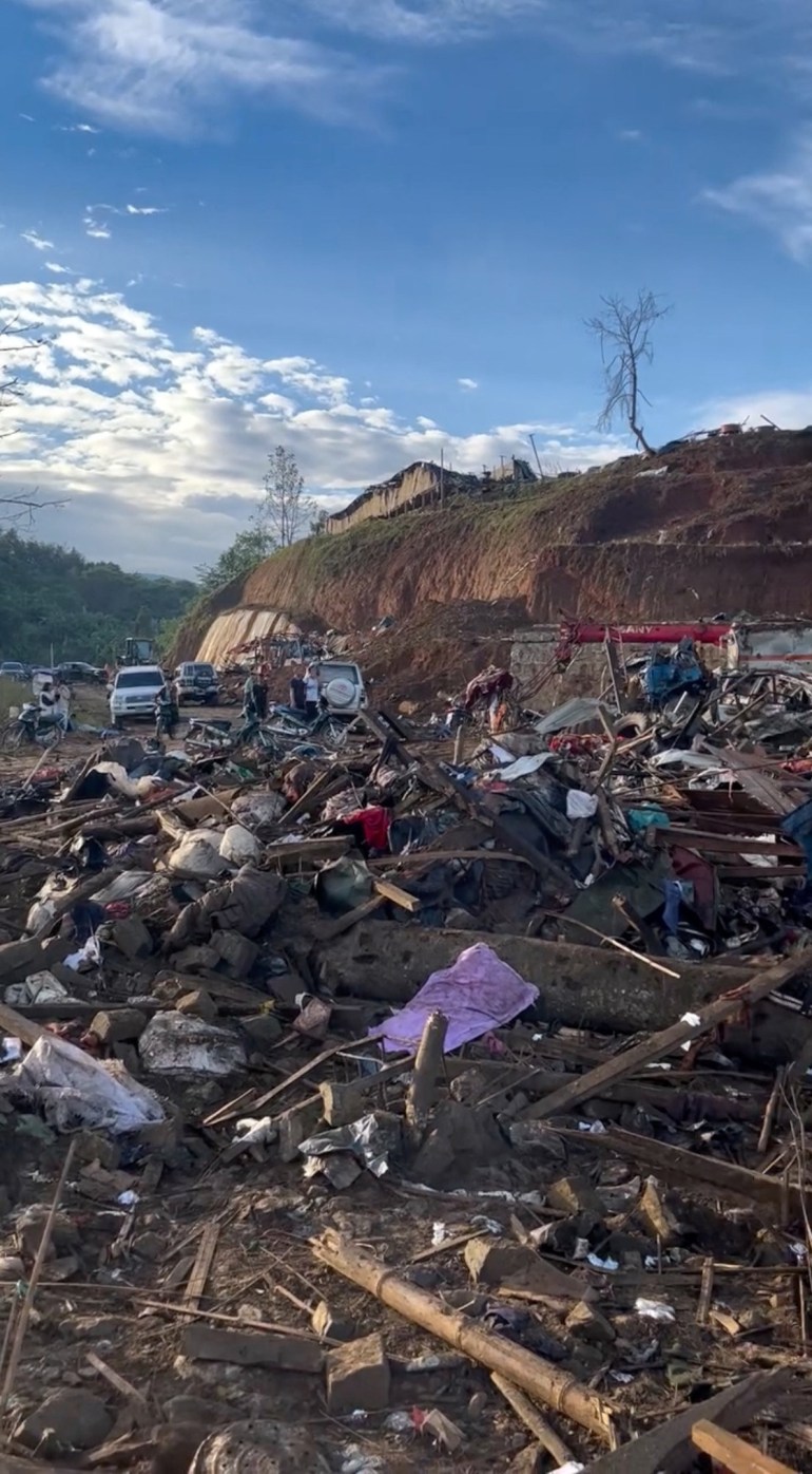 Debris following the attack on the refugee camp in northern Myanmar