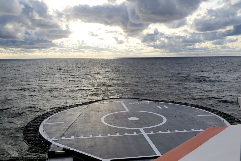 The picture provided by The Finnish Border Guard shows Finnish Border Guard's offshore patrol vessel Turva guarding on October 10, 2023 at sea near the place where damaged Balticconnector gas pipeline is pinpointed at the Gulf of Finland. Finnish and Estonian gas network companies noticed an unusual drop in pressure in the Balticconnector natural gas pipeline between Finland and Estonia early on Sunday. Lehtikuva/Finnish Border Guard/Handout via REUTERS ATTENTION EDITORS - THIS IMAGE WAS PROVIDED BY A THIRD PARTY. NO THIRD PARTY SALES. NOT FOR USE BY REUTERS THIRD PARTY DISTRIBUTORS. FINLAND OUT. NO COMMERCIAL OR EDITORIAL SALES IN FINLAND.