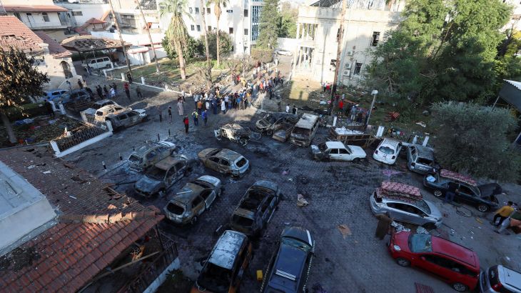 A view shows an area of Al-Ahli hospital where hundreds of Palestinians were killed in a blast