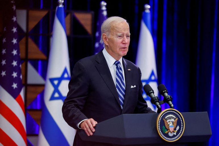 U.S. President Joe Biden delivers remarks as he visits Israel amid the ongoing conflict between Israel and Hamas, in Tel Aviv, Israel