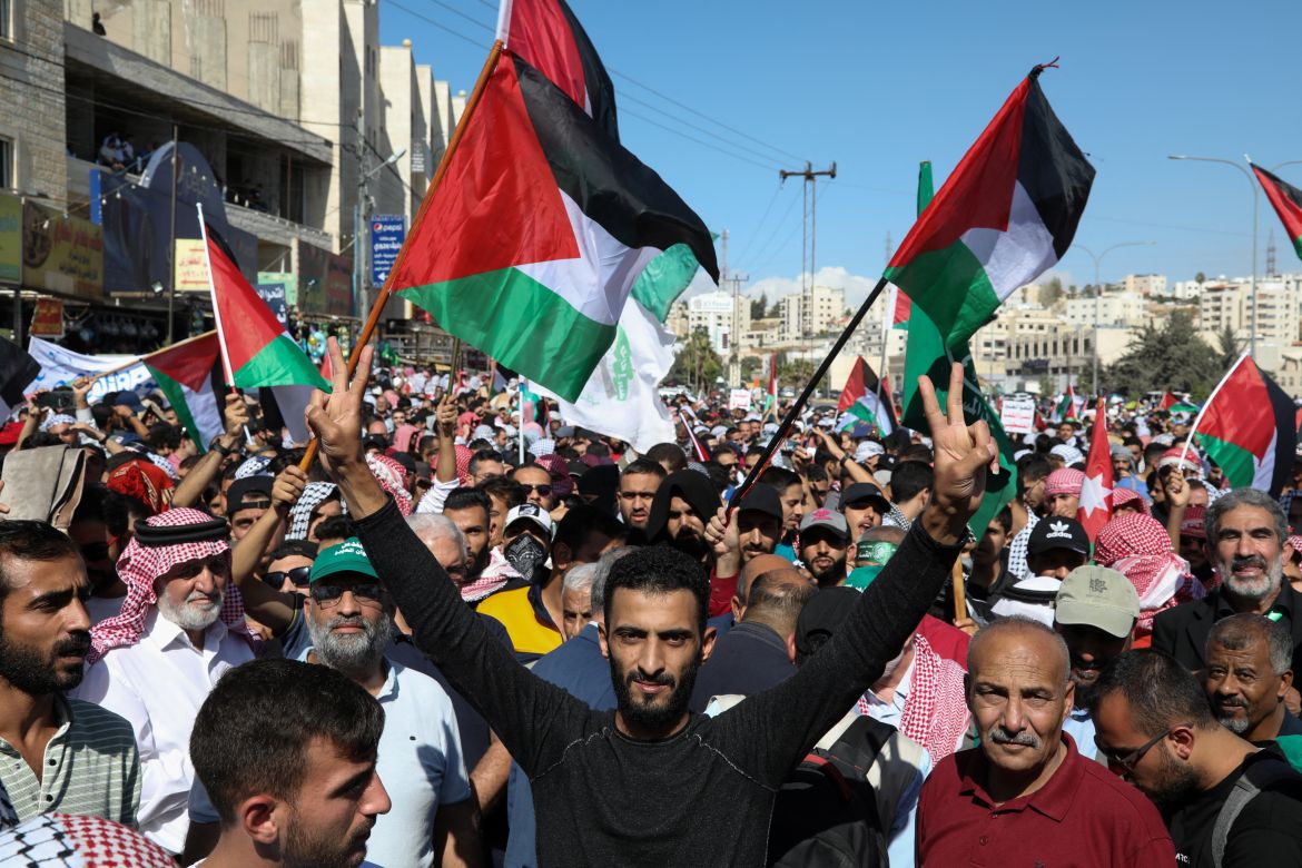 Jordanians gather during a pro-Palestinian protest to express solidarity with Palestinians in Gaza, in Amman, Jordan