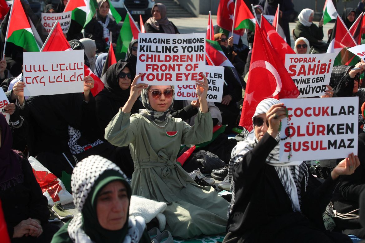 Pro-Palestinian demonstrators take part in a sit-in protest as the conflict between Israel and Hamas continues, in Istanbul, Turkey