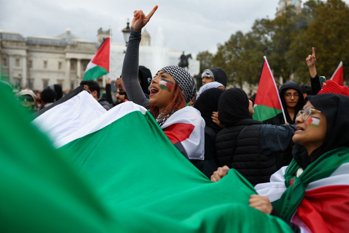 Demonstrators protest in solidarity with Palestinians in Gaza, amid the ongoing conflict between Israel and the Palestinian Islamist group Hamas, in London