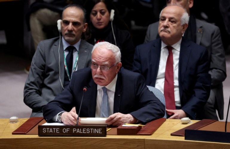 Palestinian Foreign Minister Riyad al-Maliki makes a point at the UN Security Council
