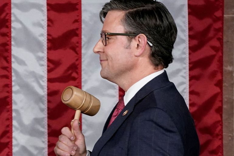 Newly elected Speaker of the House Mike Johnson (R-LA) wields the gavel of the Speaker after he was elected to be the new Speaker at the US Capitol in Washington, US.