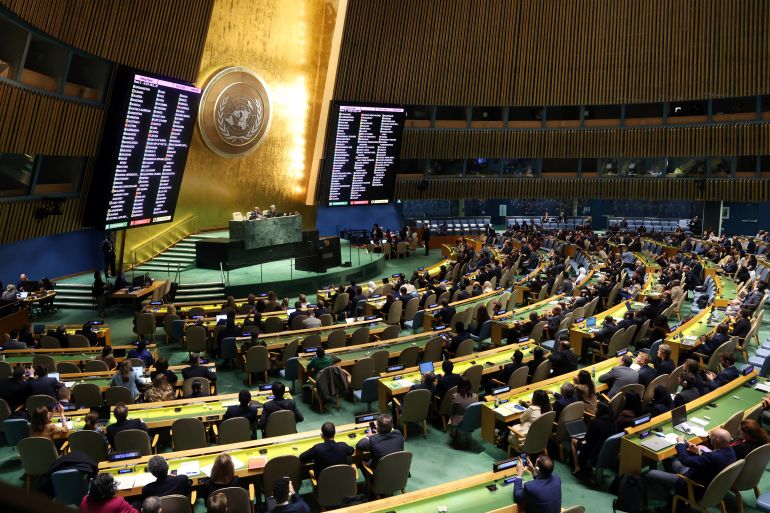 The results of a vote to adopt a draft resolution are shown on a display during an emergency special session of the U.N. General Assembly