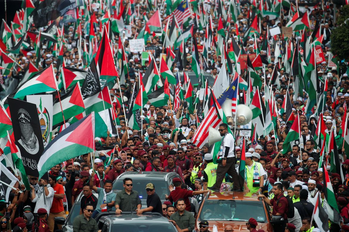 Malaysians march to protest outside the U.S. embassy in support of Palestinians in Gaza, as the conflict between Israel and Hamas continues, at Kuala Lumpur, Malaysia,