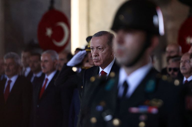 Turkey's President Tayyip Erdogan attends the Republic Day ceremony at Anitkabir, the mausoleum of modern Turkey's founder Ataturk, to mark the 100th anniversary of the republic's foundation, in Ankara, Turkey, October 29, 2023. REUTERS/Cagla Gurdogan