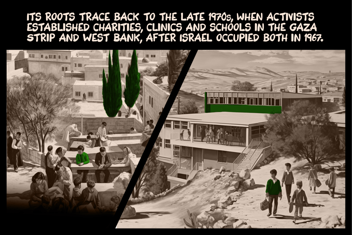 Its roots trace back to the late 1970s, when activists established charities, clinics and schools in the Gaza Strip and West Bank, after Israel occupied both in 1967.