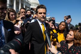 US Representative Matt Gaetz (R-FL) speaks to members of the media after speaking on the House floor about a possible Motion to Vacate to oust US Speaker of the House Kevin McCarthy, outside the US Capitol in Washington, DC, on October 2, 2023 [Saul Loeb/AFP]