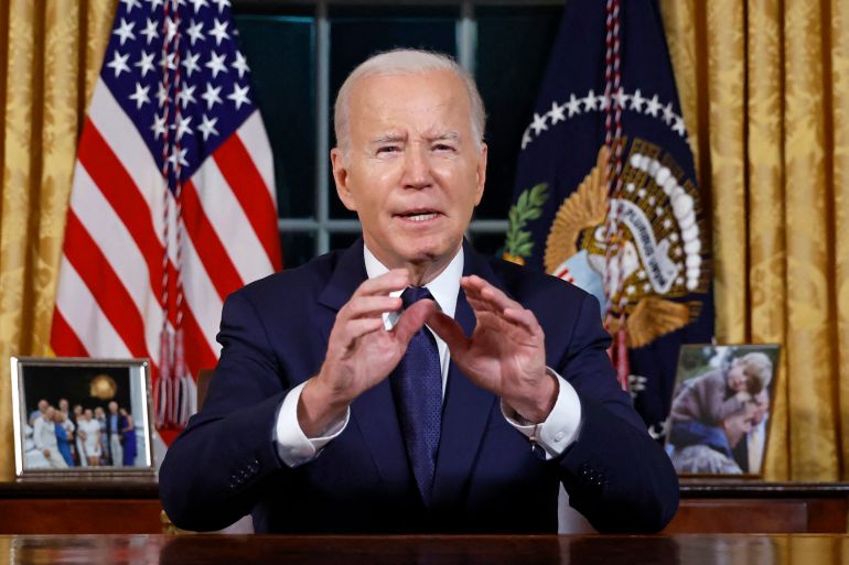 Biden making a point during his speech from the Oval Office