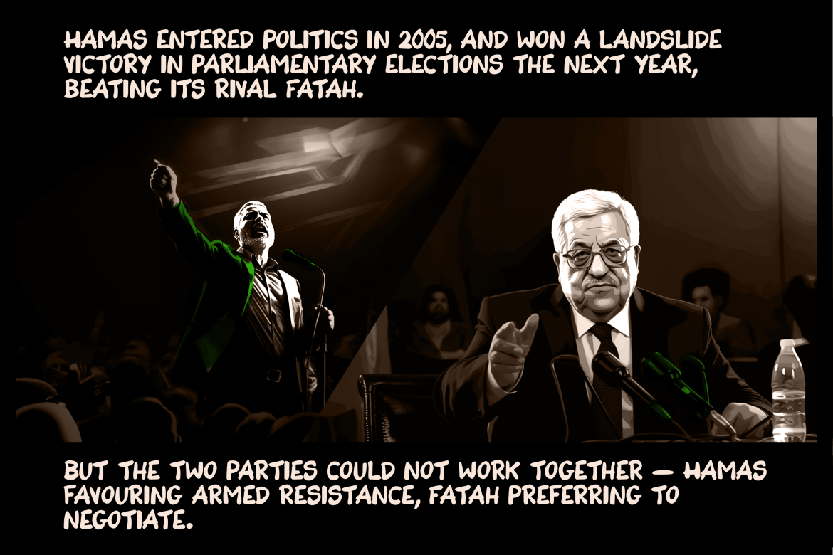 Hamas entered politics in 2005, and won a landslide victory in parliamentary elections the next year, beating its rival Fatah. But the two parties could not work together — Hamas favouring armed resistance, Fatah preferring to negotiate.