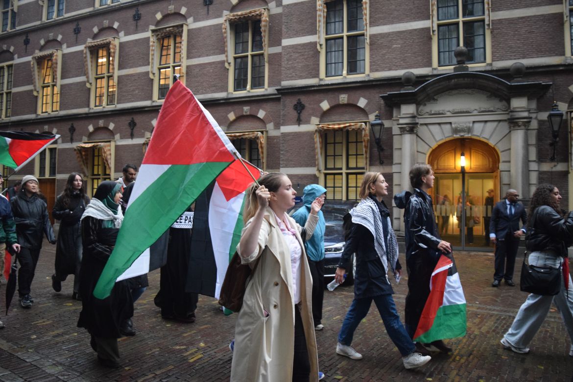 A group of students from different universities stage a demonstration in solidarity with Palestinians and reject the Dutch government's policy of solidarity with Israel in The Hague,