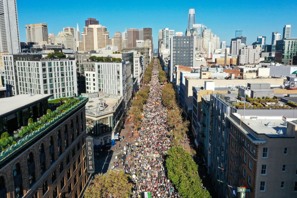 An aerial view of thousands gathering near the Ferry Building and march on Market Street in San Francisco, California, United States to protest and condemn recent actions by the government of Israel