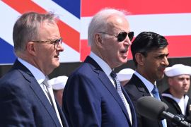 Leaders of Australia, UK, US announce details of AUKUS pact at Point Loma naval base in San Diego, US, Monday March 13, 2023.
