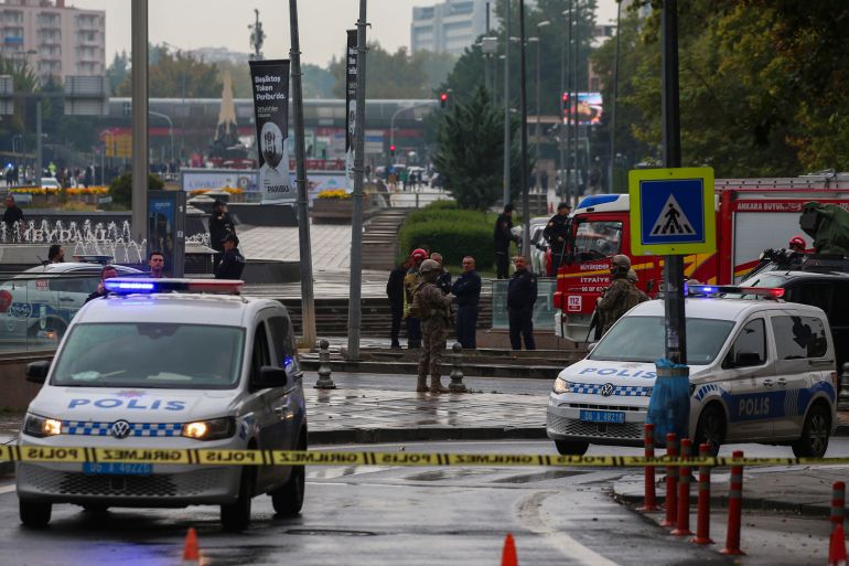 Turkish security forces cordon off an area after an explosion in Ankara, Sunday, Oct. 1, 2023.