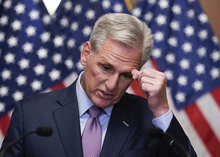 Rep. Kevin McCarthy, R-Calif., speaks to reporters hours after he was ousted as Speaker of the House, Tuesday, Oct. 3, 2023, at the Capitol in Washington. (AP Photo/J. Scott Applewhite)
